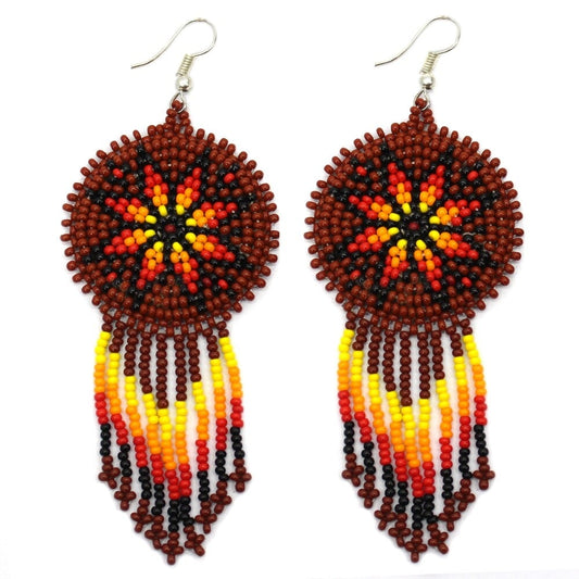 Handmade Beaded Brown Fire Color Flower Round Fringe Hook Earrings
