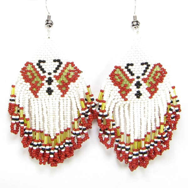 White Red Golden Seed Beaded Butterfly Earrings Handmade