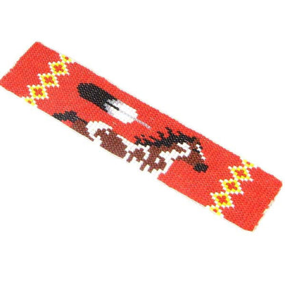 Handmade Adjustable Beaded Red Brown White Horse Pattern Cuff Bracelet 1.5" Wide - 7.5" Length