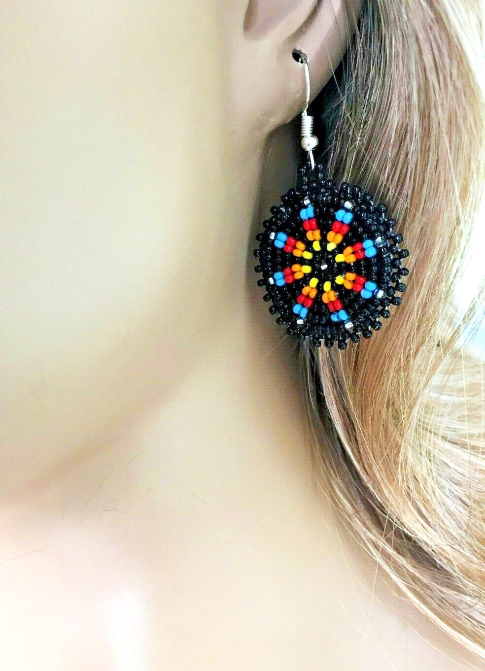 Handmade Beaded Round Black Earrings with Flower Design | Lightweight and Comfortable