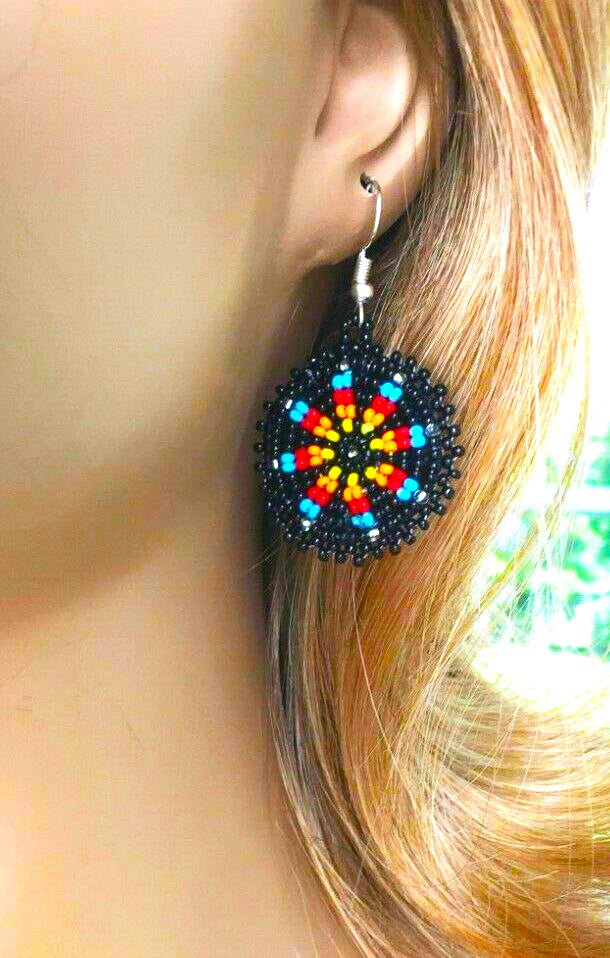 Handmade Beaded Round Black Earrings with Flower Design | Lightweight and Comfortable