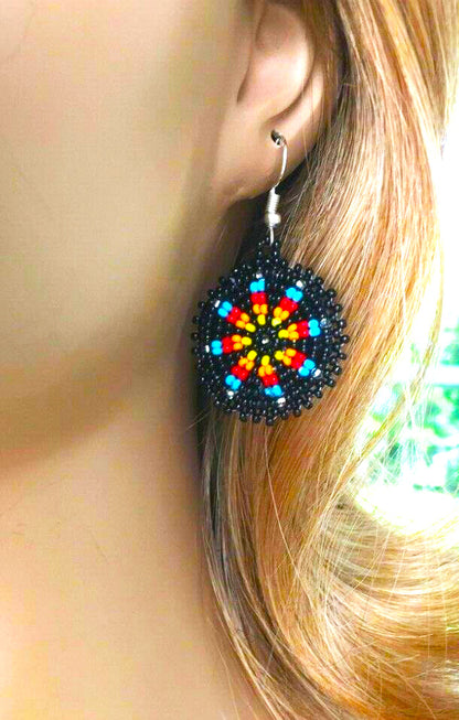 Handmade Beaded Round Black Earrings with Flower Design | Lightweight and Comfortable