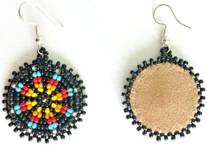 Handmade Beaded Round Black Earrings with Flower Design | Lightweight and Comfortable