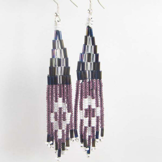 Purple Black Bugle Beaded Earrings Trails Crossing Beadwork
