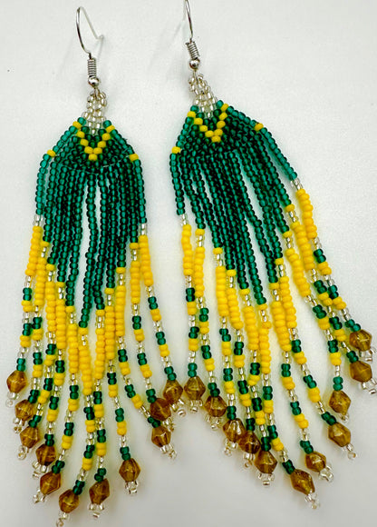 Handmade Beaded Aqua Blue Yellow Seed Bead Earrings, Lightweight Boho Statement Jewelry
