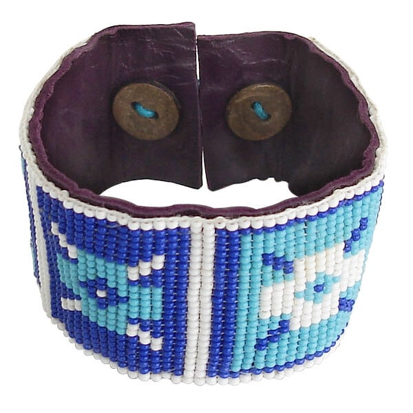 Adjustable Handmade Seed Beaded Soft Leather Cuff Bracelet - Cyan Blue/Deep Blue/White