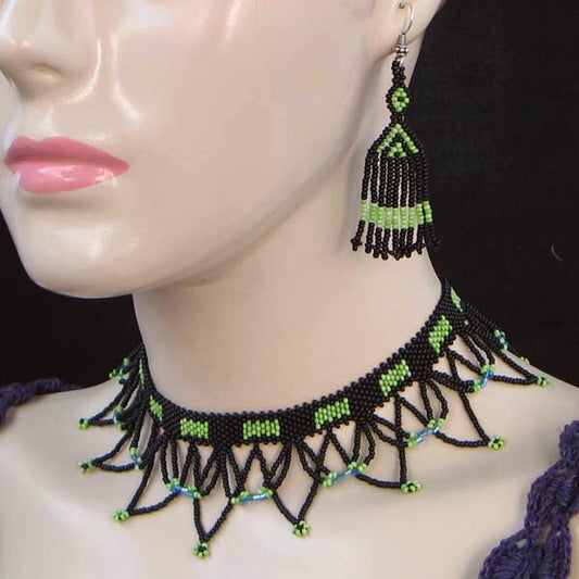Black Green Egyptian Art Beaded Choker Necklace Earrings