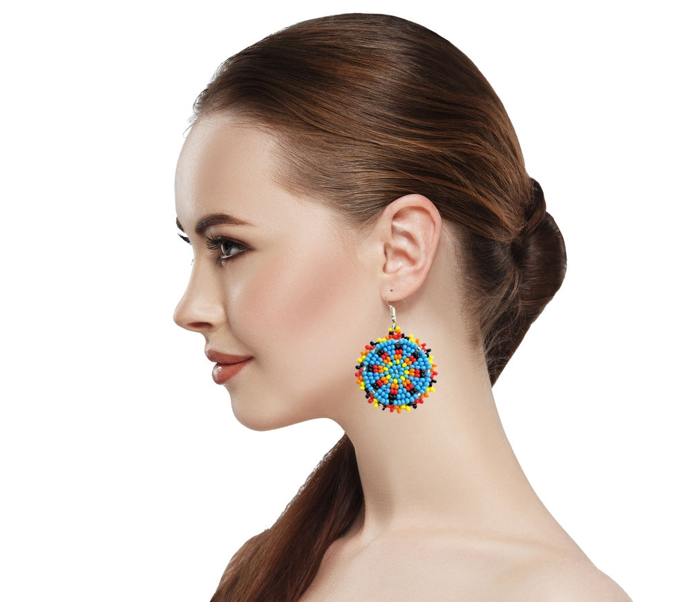 Handmade Beaded Cute Round Turquoise Blue Earrings