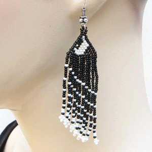 Elegant Black and White Beaded Fringe Earrings