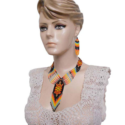 Fiery Orange Black Turtle Beaded Necklace and Earrings Set