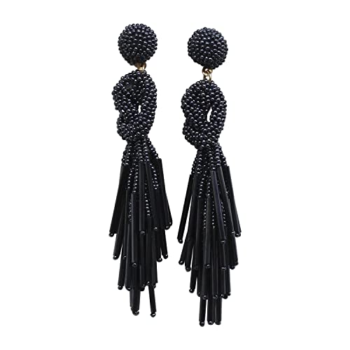 Handmade Beaded Solid Color Post Statement Earrings for Women Girl All Season - 4 inch Long Dangle with Celtic Knot Design - Czech Seed Beads - Charcoal
