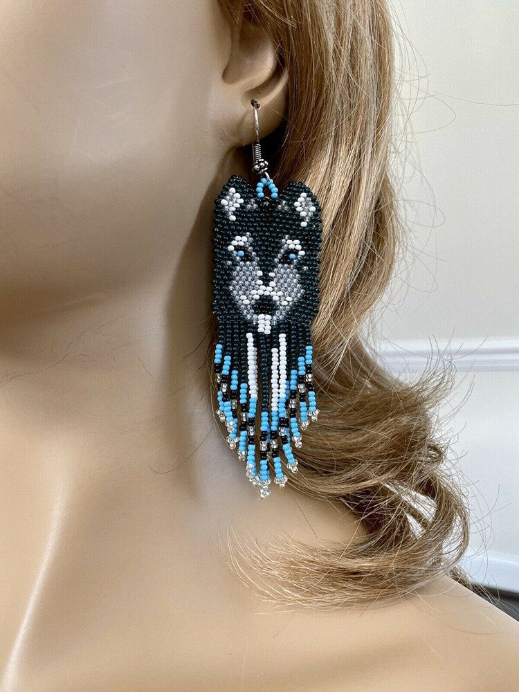 Handmade Beaded Green Blue Wolf Pattern Hook Earrings | Lightweight and Elegant