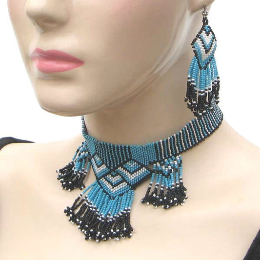 Handmade Beaded Blue Choker Necklace Earrings Set