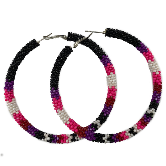 Handmade Native Style 3 Inch Hoop Earrings with Czech Seed Beads - Black Pink
