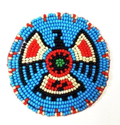 Cyan Blue Red Thunderbird Handmade Beaded Rosette