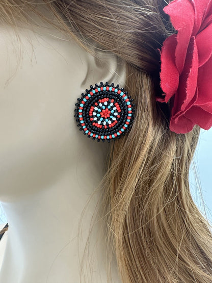 Handmade Beaded Black Red Color Round Post Earrings