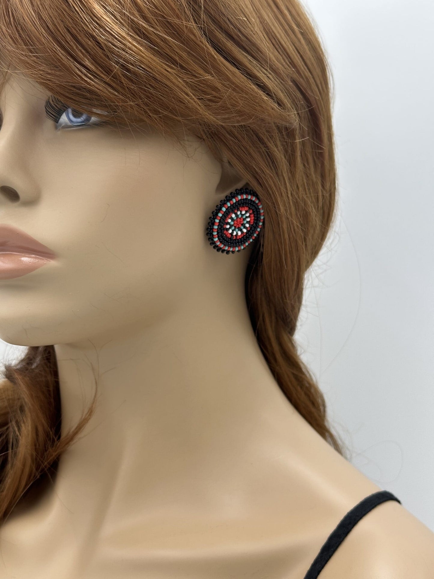 Handmade Beaded Black Red Color Round Post Earrings