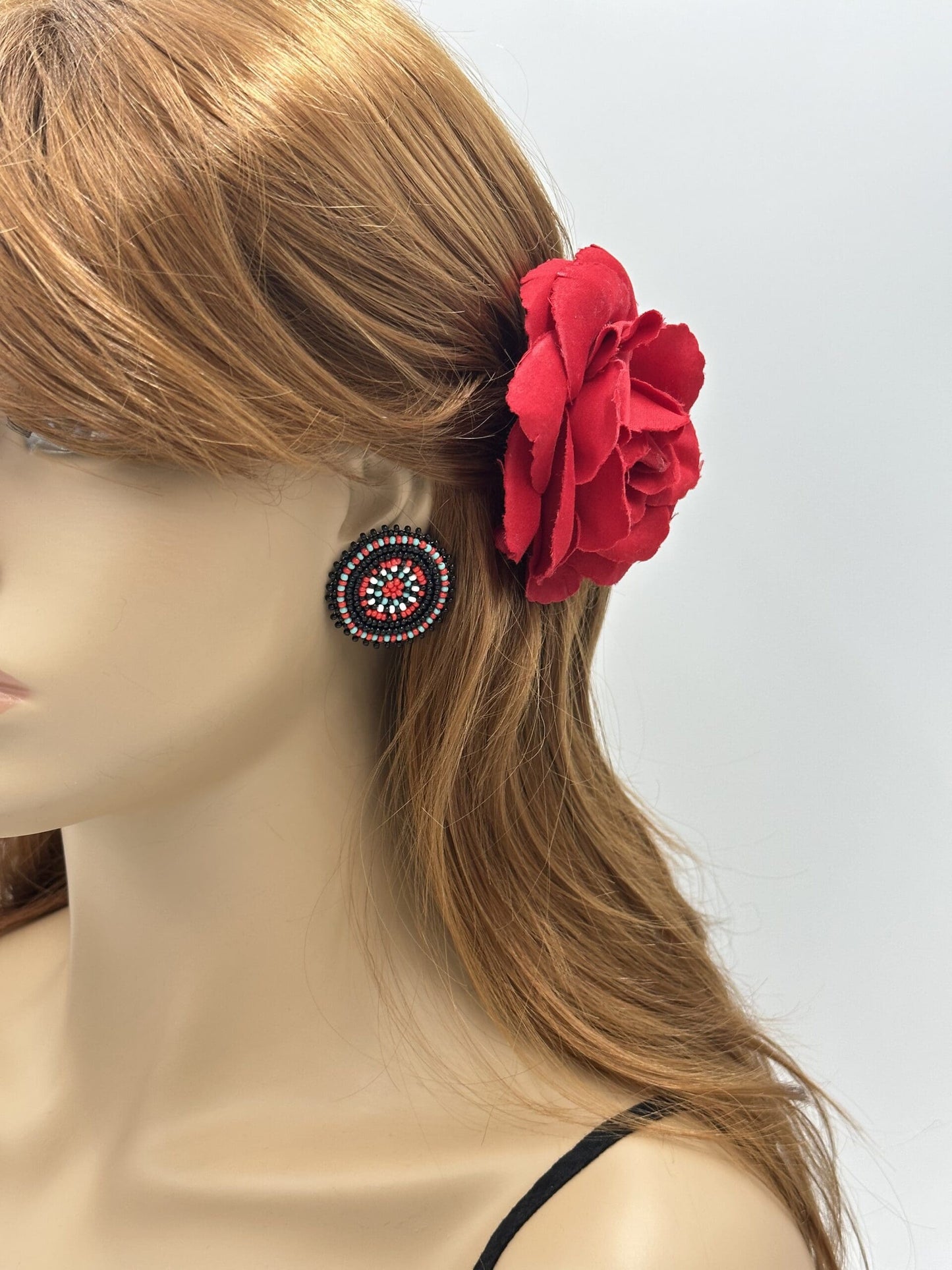 Handmade Beaded Black Red Color Round Post Earrings