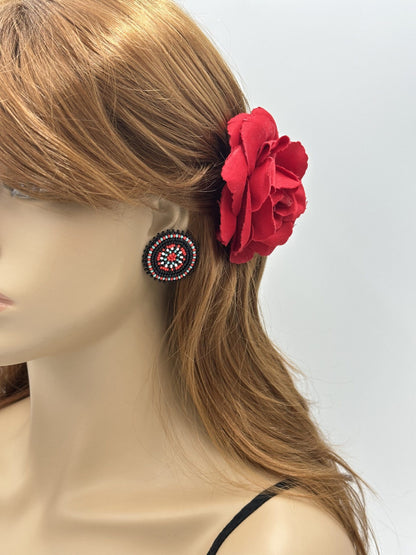 Handmade Beaded Black Red Color Round Post Earrings