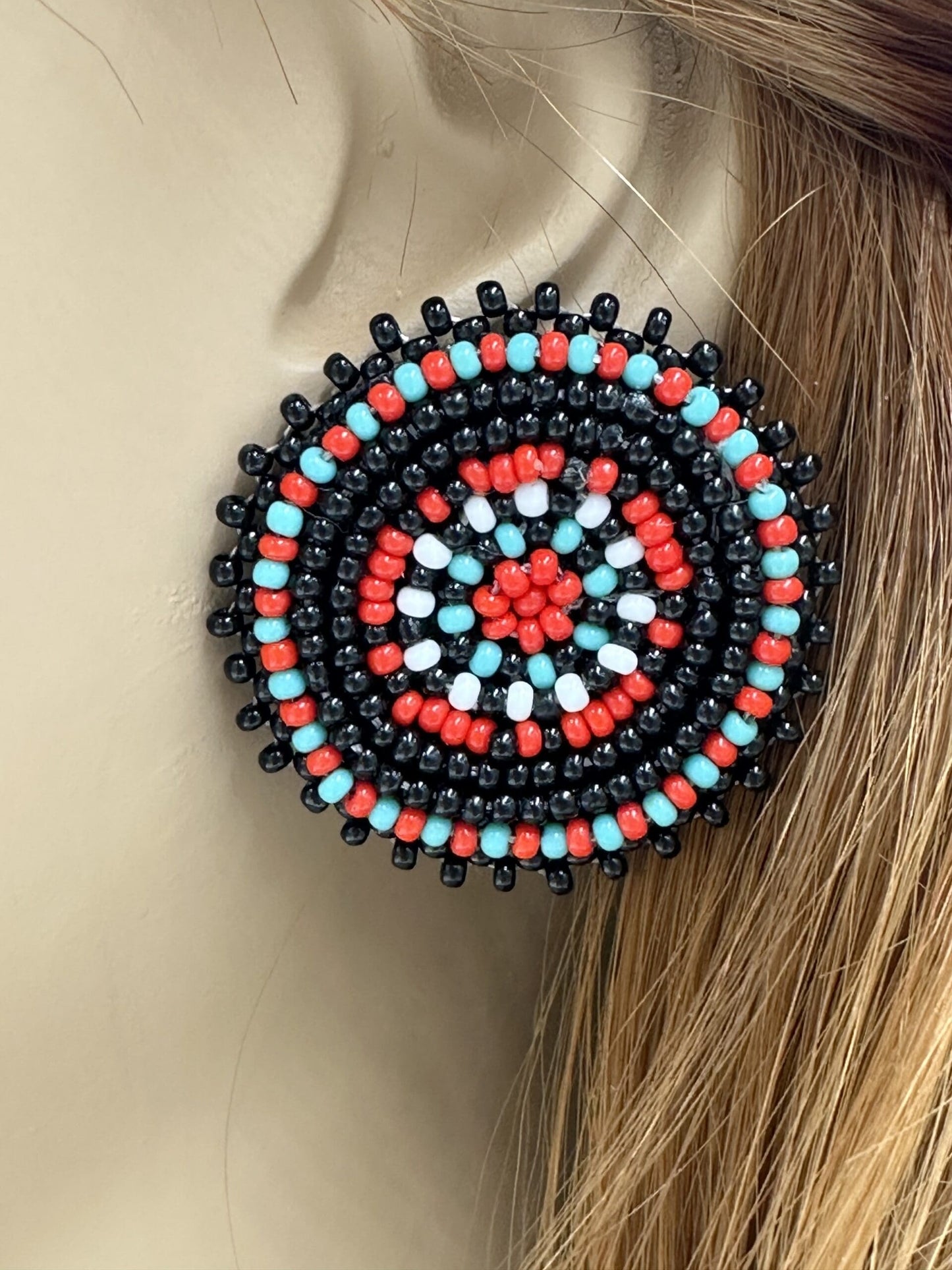 Handmade Beaded Black Red Color Round Post Earrings