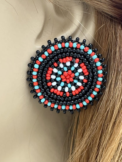 Handmade Beaded Black Red Color Round Post Earrings
