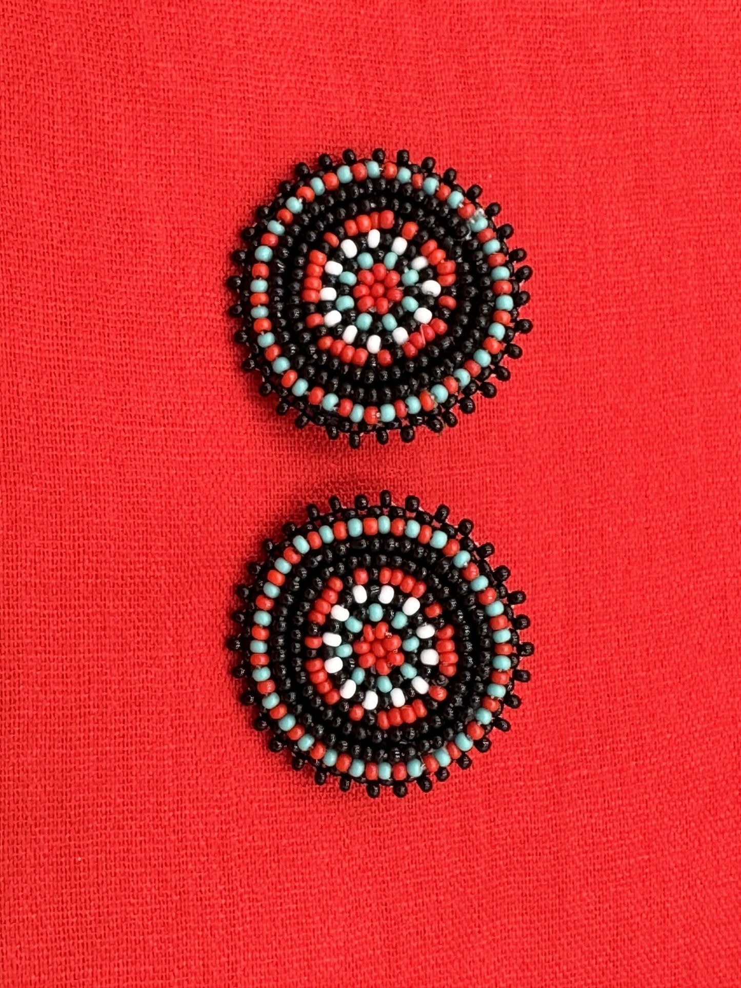 Handmade Beaded Black Red Color Round Post Earrings
