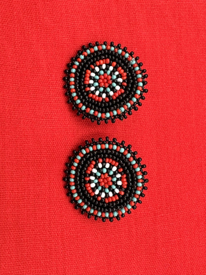 Handmade Beaded Black Red Color Round Post Earrings
