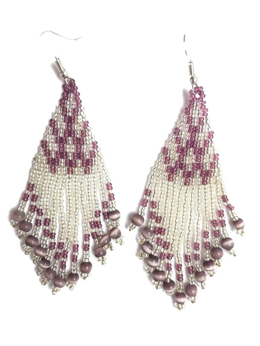 Purple &amp; Silver Handmade Beaded Earrings