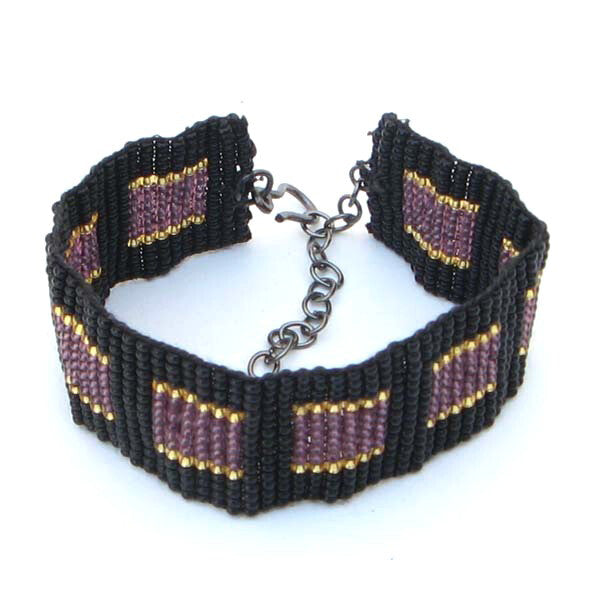 Black Purple Seed Bead Beaded Soft Cuff Bracelet 1 Inch Width
