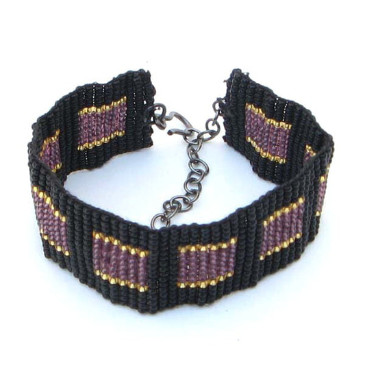 Black Purple Seed Bead Beaded Soft Cuff Bracelet 1 Inch Width