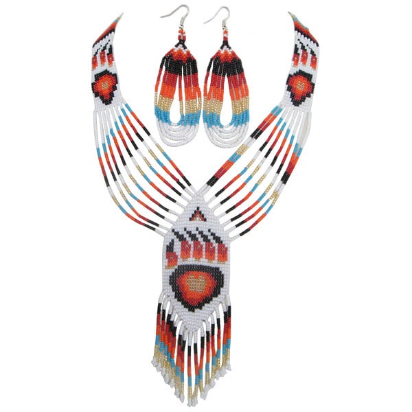 Handmade Beaded Red Bear Paw Statement Necklace Earrings Set