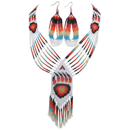 Handmade Beaded Red Bear Paw Statement Necklace Earrings Set