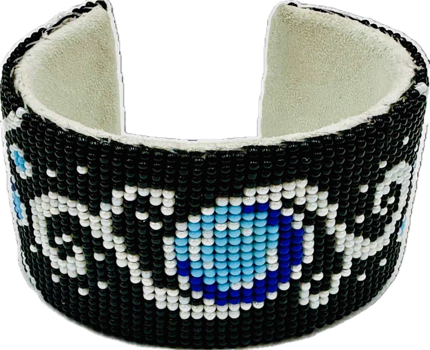 Handmade Beaded Black White Leather Hard Cuff Bracelet