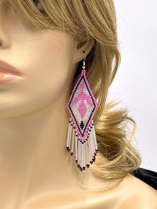 Handmade Beaded Pink White Delica Seed Bead Eagle Earrings