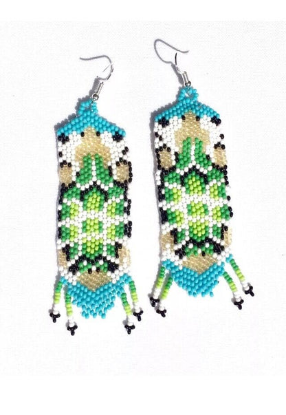 Green Golden White Seed Beaded Turtle Beadwork Necklace Earrings Set