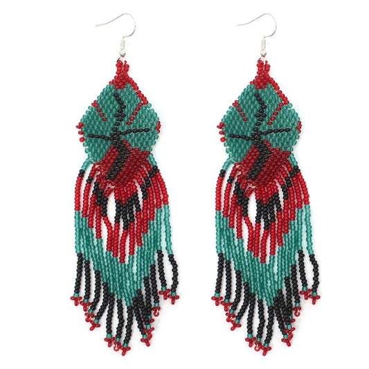 Vibrant Red and Blue Beaded Fringe Earrings