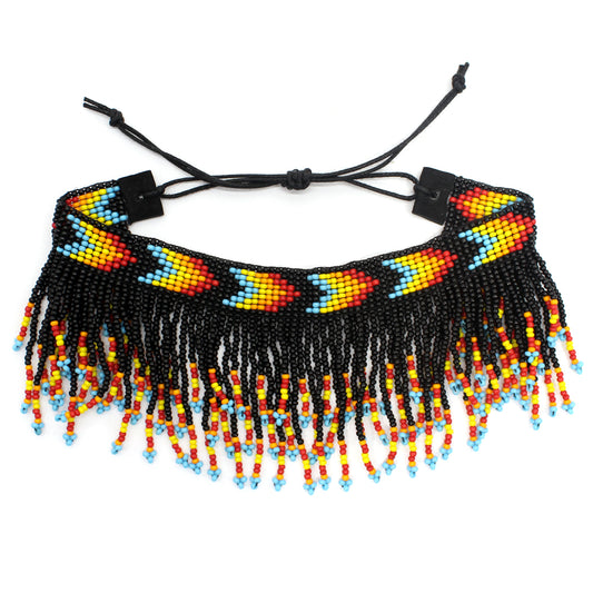Handmade Beaded Fringe Anklet – Black Tribal Geometric | Adjustable Boho Statement Anklet