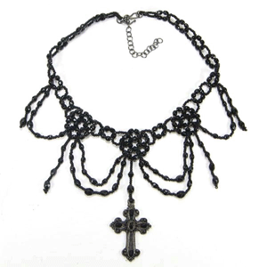 Seed Beaded Black Victorian Cross Statement Necklace Earrings Set