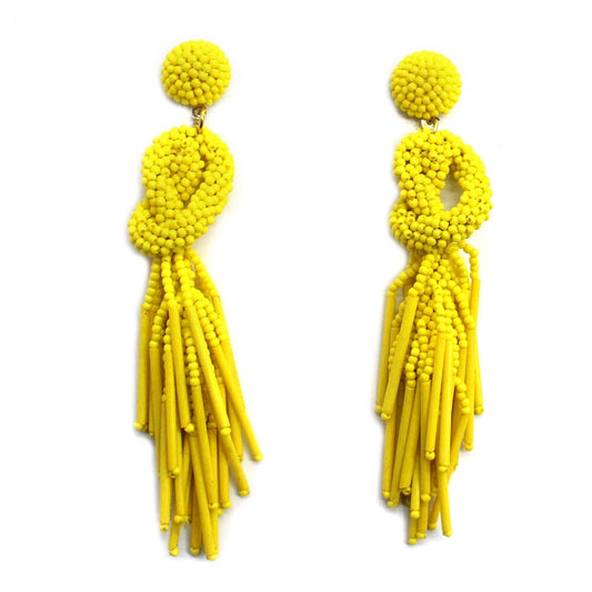 Handmade Beaded Solid Color Post Statement Earrings for Women Girl All Season - 4 inch Long Dangle with Celtic Knot Design - Czech Seed Beads - Yellow
