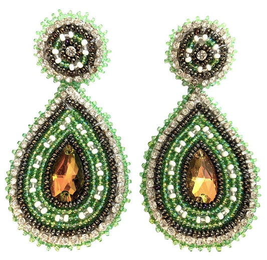 Handmade Beaded Teardrop Shape Post Earrings with Czech Seed Beads - 3 Inches Long, 1.5 Inch Wide - Green