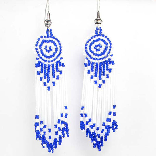 Handmade Beaded Blue White Bugle Seed Bead Earrings
