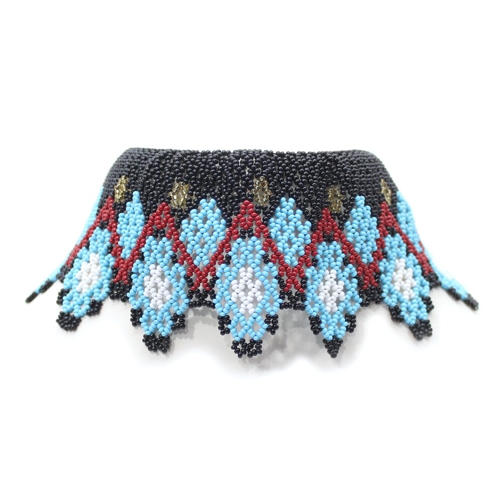Handmade Beaded Cyan Blue Black White Gold Red Seed Bead Choker Necklace, Adjustable
