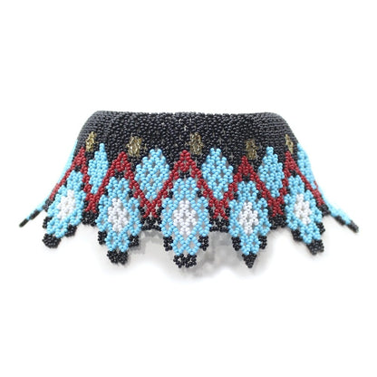 Handmade Beaded Cyan Blue Black White Gold Red Seed Bead Choker Necklace, Adjustable
