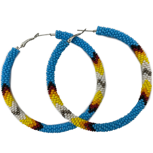 Handmade Native Style 3 Inch Hoop Earrings with Czech Seed Beads - Cyan Blue