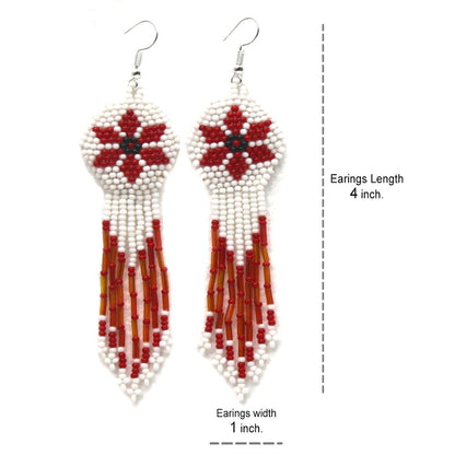 Handmade Beaded White Red Flower hook statement Earrings - Drop Dangle Design