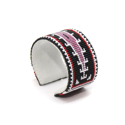 Handmade Beaded Black Pink Leather Hard Cuff Bracelet | Adjustable 1.5" Wide | Suede Back