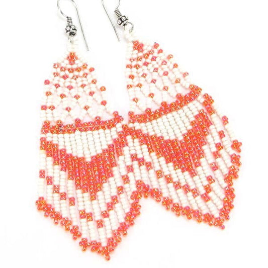 Handmade Beaded Deep Orange White Seed Bead Big Earrings