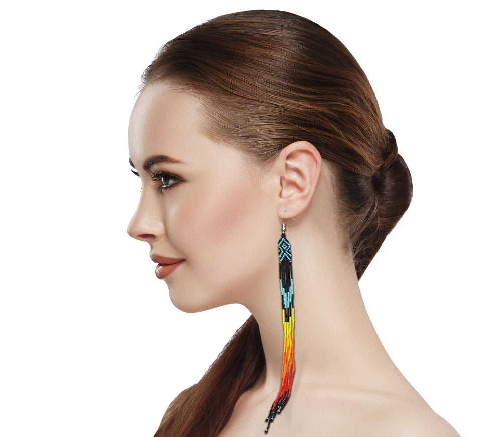 Black Fire Color Glass Seed Beads Beaded Extra Long Earrings 7.5 Inch