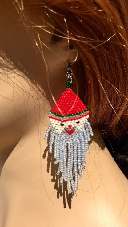 Handmade Beaded Red White Green Santa Claus Holiday Necklace Earrings Set