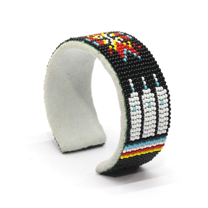Adjustable Black Red Fire Pattern Hard Cuff Beaded Handmade Bracelet - 34.0 grams, 6.5 inch length